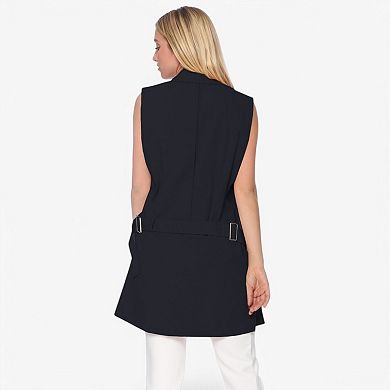 Women's Sleeveless Trench Coat with Button Front and Pocket Detail