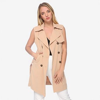 Women's Sleeveless Trench Coat with Button Front and Pocket Detail