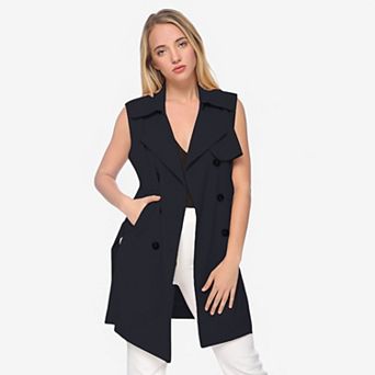 Women's Sleeveless Trench Coat with Button Front and Pocket Detail