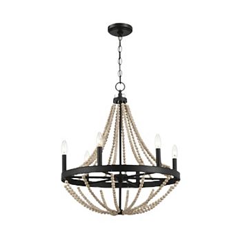 ELEMENT ACE Farmhouse Rustic Wood Beaded Six Candle Pendant Light for Dining Room
