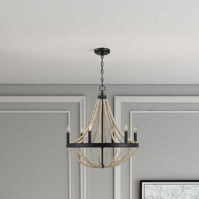 ELEMENT ACE Farmhouse Rustic Wood Beaded Six Candle Pendant Light for Dining Room
