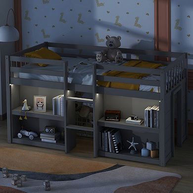 GOODSILO Low Loft Bed with Storage Shelves, Integrated Stairs, and LED Lighting