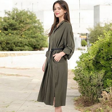 Women's Button-Down Midi Shirt Dress with Pockets