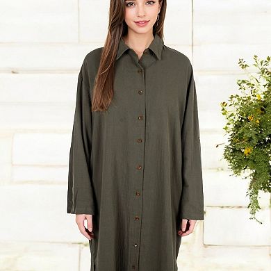 Women's Button-Down Midi Shirt Dress with Pockets