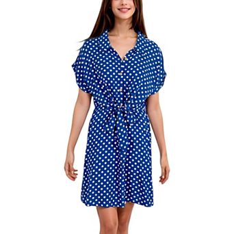 Women's Casual Dress Short Sleeves Button Up Polka Dot Printed Tie Waist Mini Dresses
