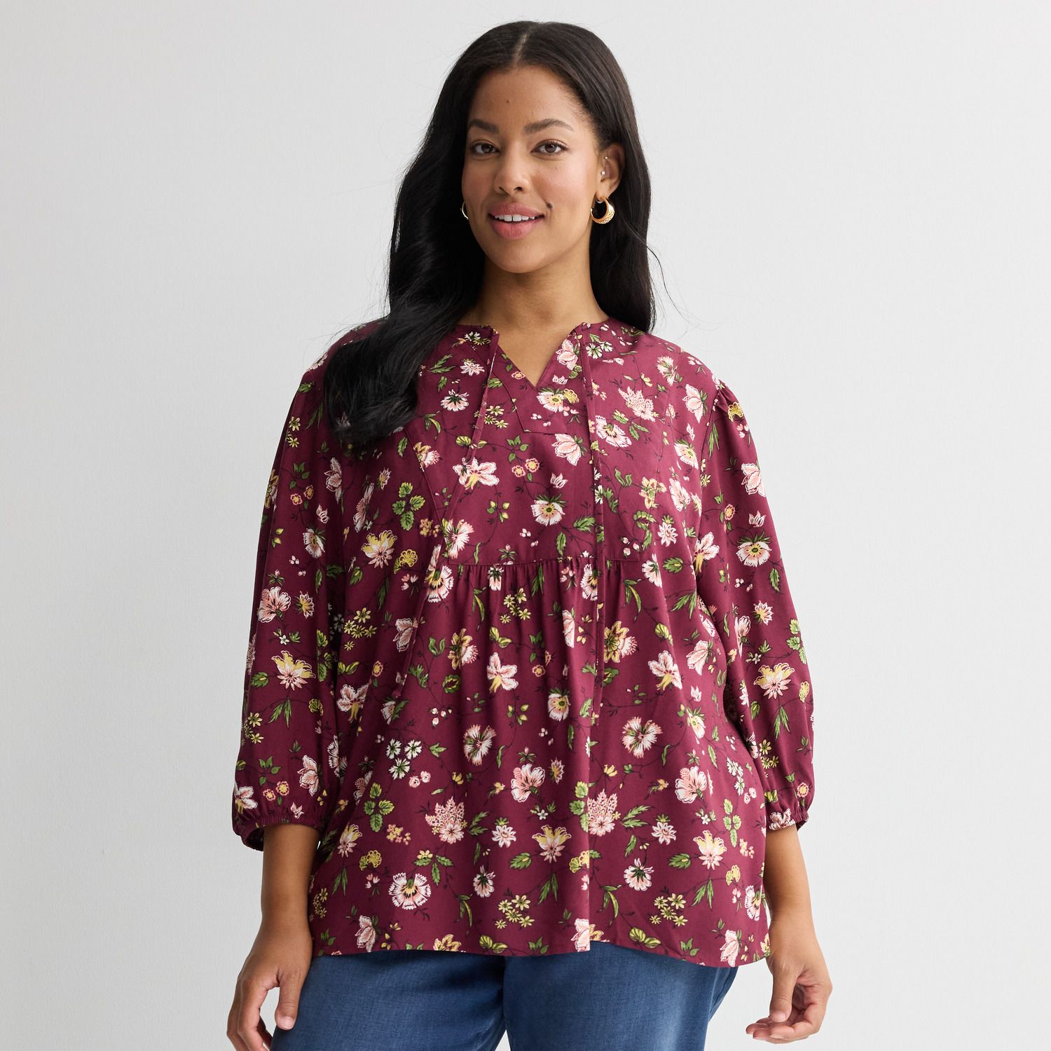 Женские блузки Plus Croft & Barrow BIB Tie Front Blouse, цвет: Тёмно-бордовый