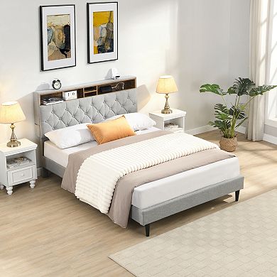 GOODSILO Queen Size Upholstered Platform Bed Frame with Storage Headboard