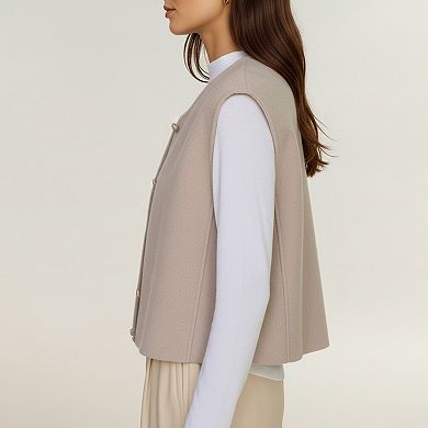 Women's Sleeveless Button Front Vest with Rounded Neckline and Soft Structured Fabric