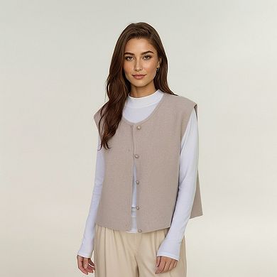 Women's Sleeveless Button Front Vest with Rounded Neckline and Soft Structured Fabric
