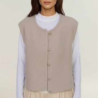 Women's Sleeveless Button Front Vest with Rounded Neckline and Soft Structured Fabric