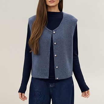 Women's Sleeveless Button Front Vest with Rounded Neckline and Soft Structured Fabric