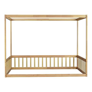 GOODSILO Canopy Frame Floor Bed with Guardrails for Kids Bedroom
