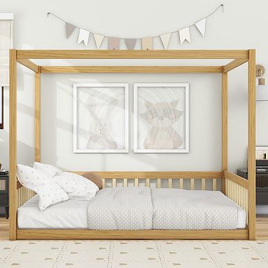 GOODSILO Canopy Frame Floor Bed with Guardrails for Kids Bedroom