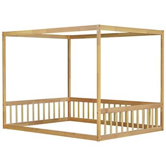 GOODSILO Canopy Frame Floor Bed with Guardrails for Kids Bedroom