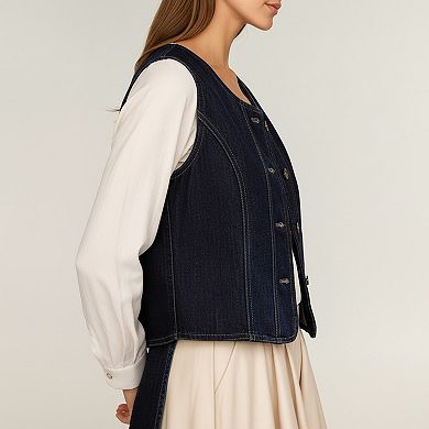 Women's Denim Vest with Round Neck Button Front Sleeveless Silhouette and Contrast Stitching