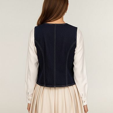 Women's Denim Vest with Round Neck Button Front Sleeveless Silhouette and Contrast Stitching