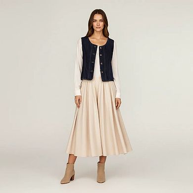 Women's Denim Vest with Round Neck Button Front Sleeveless Silhouette and Contrast Stitching