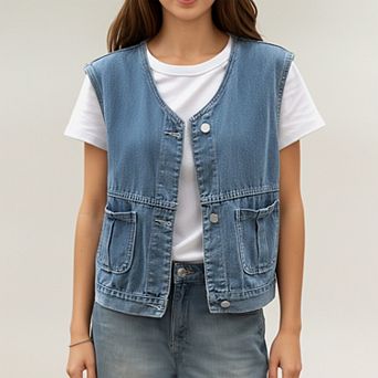 Women's Sleeveless Denim Vest with Button Front Closure Patch Pockets and Structured Fit