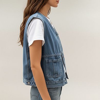 Women's Sleeveless Denim Vest with Button Front Closure Patch Pockets and Structured Fit