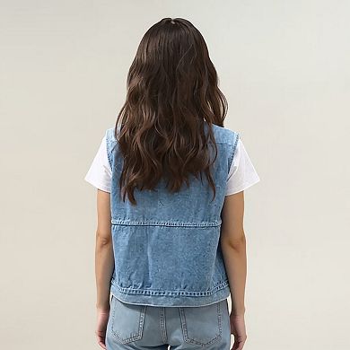 Women's Sleeveless Denim Vest with Button Front Closure Patch Pockets and Structured Fit