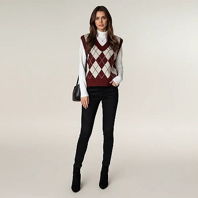 Women's Argyle Knit Sweater Vest with V Neck Sleeveless Design and Ribbed Hem