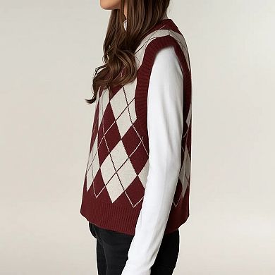 Women's Argyle Knit Sweater Vest with V Neck Sleeveless Design and Ribbed Hem