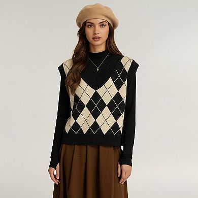 Women's Argyle Knit Sweater Vest with V Neck Sleeveless Design and Ribbed Hem