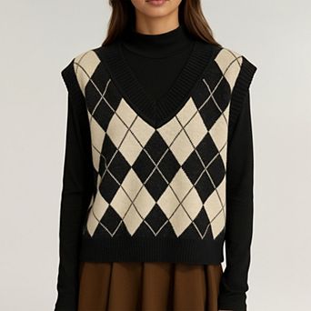 Women's Argyle Knit Sweater Vest with V Neck Sleeveless Design and Ribbed Hem