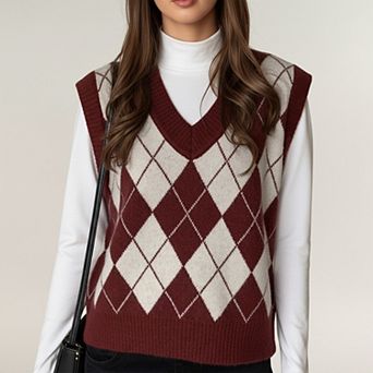 Women's Argyle Knit Sweater Vest with V Neck Sleeveless Design and Ribbed Hem