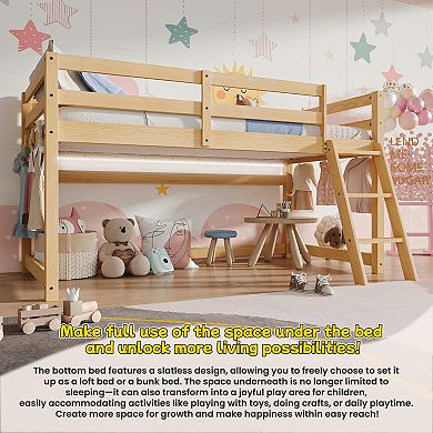 GOODSILO Convertible Twin Low Loft Bed Frame with LED Lighting and Solid Wood Construction