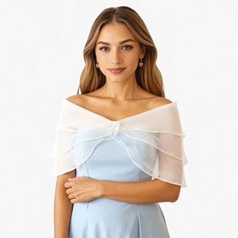 Sheer Organza Shoulder Shawl with Layered Ruffle Trim and Elegant Off-Shoulder Drape 14 in
