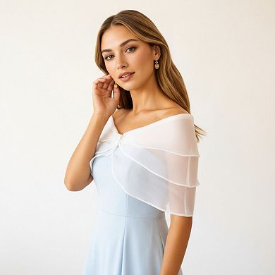 Sheer Organza Shoulder Shawl with Layered Ruffle Trim and Elegant Off-Shoulder Drape 14IN