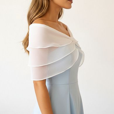 Sheer Organza Shoulder Shawl with Layered Ruffle Trim and Elegant Off-Shoulder Drape 14IN