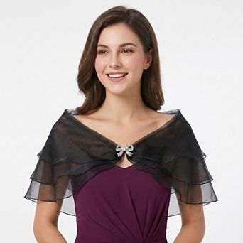 Sheer Organza Shoulder Shawl with Layered Ruffle Trim and Elegant Off-Shoulder Drape 14 in