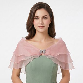 Sheer Organza Shoulder Shawl with Layered Ruffle Trim and Elegant Off-Shoulder Drape 14 in