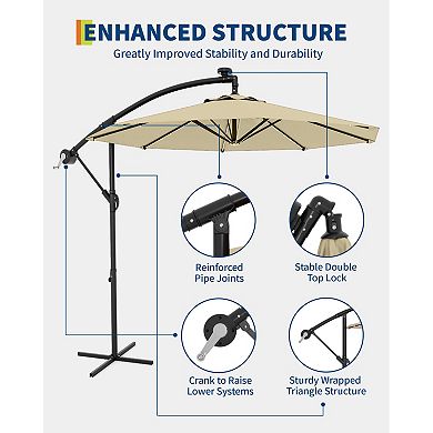 10FT Cantilever Patio Umbrella, Offset Hanging Market Umbrella with Solar LED 24 Lights, Easy Tilt