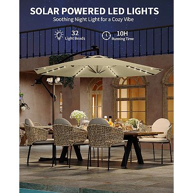 10FT Cantilever Patio Umbrella, Offset Hanging Market Umbrella with Solar LED 24 Lights, Easy Tilt