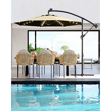 10FT Cantilever Patio Umbrella, Offset Hanging Market Umbrella with Solar LED 24 Lights, Easy Tilt