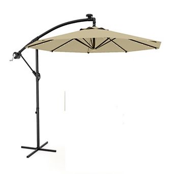 10FT Cantilever Patio Umbrella, Offset Hanging Market Umbrella with Solar LED 24 Lights, Easy Tilt