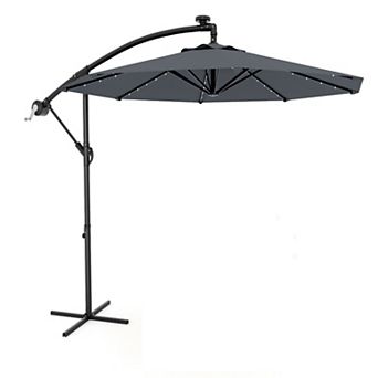 10FT Cantilever Patio Umbrella, Offset Hanging Market Umbrella with Solar LED 24 Lights, Easy Tilt