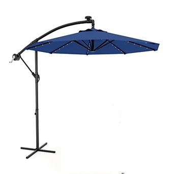10FT Cantilever Patio Umbrella, Offset Hanging Market Umbrella with Solar LED 24 Lights, Easy Tilt