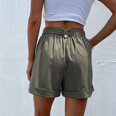 Women's High-Waisted Pleated Shorts Belted Rolled Hem Pocket Skorts