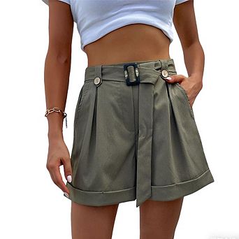 Women's High-Waisted Pleated Shorts Belted Rolled Hem Pocket Skorts
