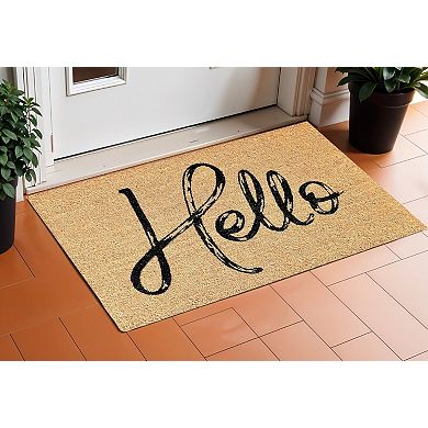 HomeRoots 24" X 36" Natural And Black Hello Distressed Outdoor Coir Door Mat