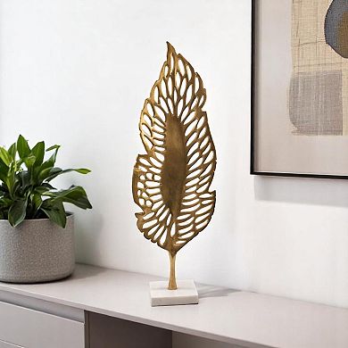 HomeRoots 28" Gold And White Aluminum And Marble Leaf Tabletop Sculpture