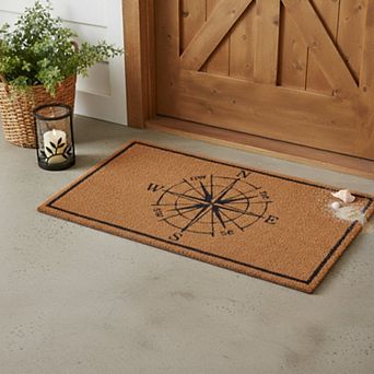 HomeRoots 16" X 30" Light Brown And Navy Blue Compass Indoor Coir Door Mat