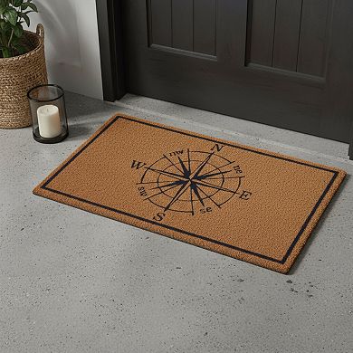 HomeRoots 16" X 30" Light Brown And Navy Blue Compass Indoor Coir Door Mat