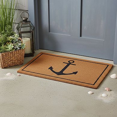 HomeRoots 16" X 30" Light Brown And Navy Blue Anchor Indoor Coir Door Mat