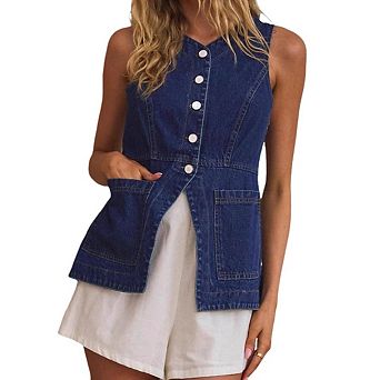 Women’s Crew Neck Button Down Fitted Casual Outerwear Denim Vest