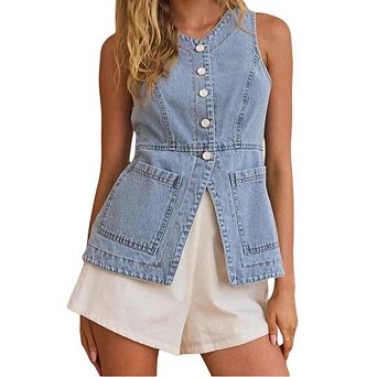 Women’s Crew Neck Button Down Fitted Casual Outerwear Denim Vest